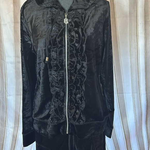 BCBGMAXAZRIA Black jogger ruffle front black rhinestone on hood jacket and pants - Picture 3 of 7